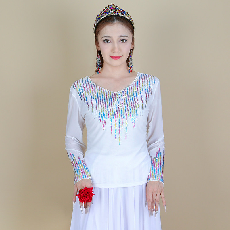 新疆舞蹈演出服亮片绣花网纱上衣