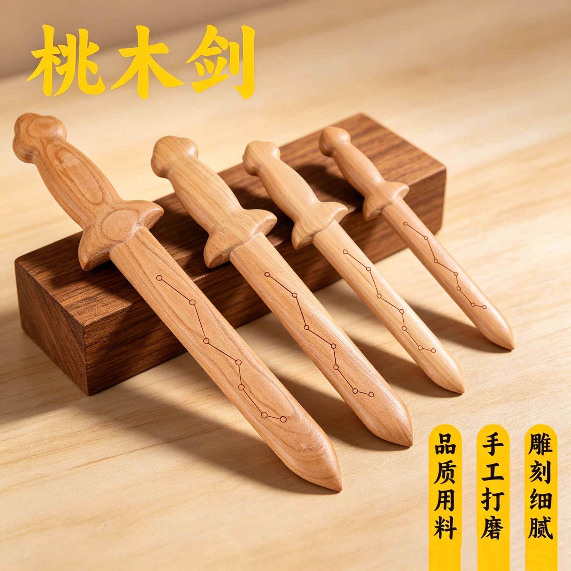 桃木剑紫薇七星剑四个尺寸整木一体雕刻厂家供应景区展销会桃木剑图片