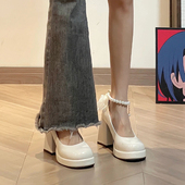 女春秋2023新款 珍珠白色法式 复古婚鞋 玛丽珍高跟鞋 粗跟厚底小皮鞋