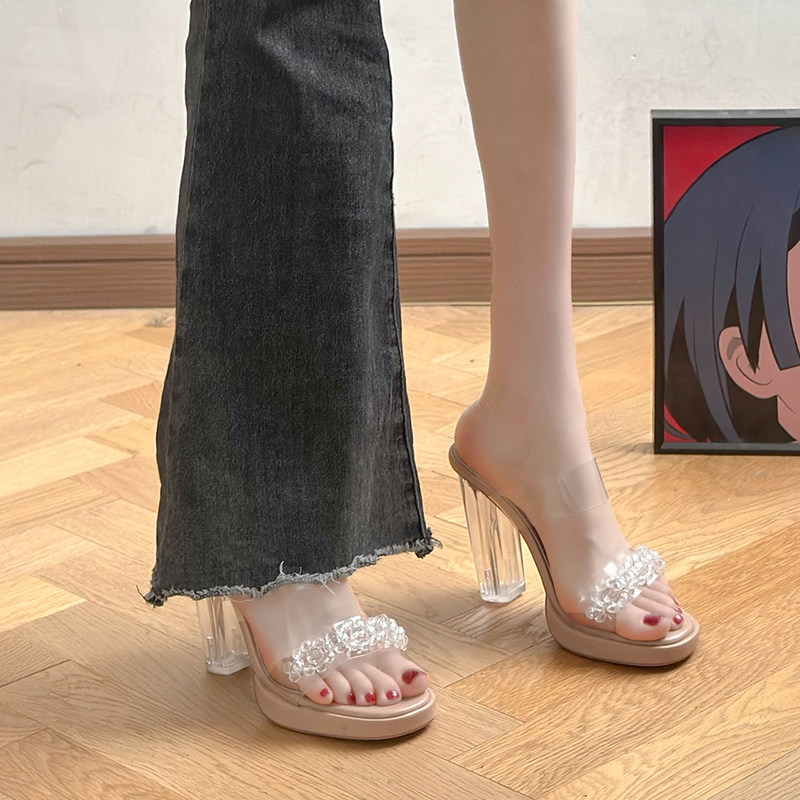 透明高跟凉鞋女夏季女鞋法式水晶粗跟小众高级感水钻凉拖鞋女外穿,女鞋,一字拖,淘宝优惠券,粉丝福利购,淘宝优惠卷