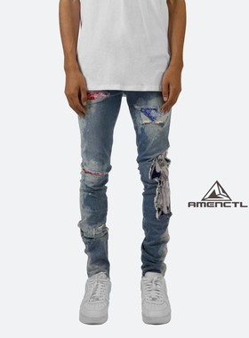 Mnml FOG风格蓝色刀割破洞腰果花紧身款弹性四季牛仔裤男现货新品