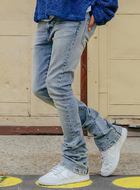Mnml 蓝色裤脚拉链长裤四季流行水洗弹性喇叭紧身牛仔裤男新品