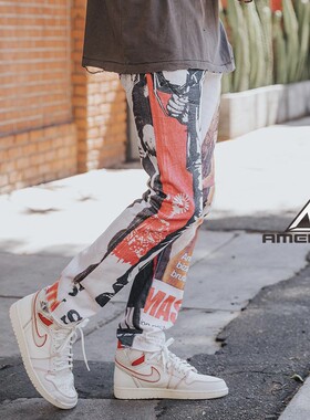 Mnml 印花艺术图彩色直筒牛仔裤男水洗常规四季流行小脚长裤新品