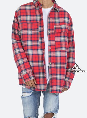 Mnml 冬季红色排扣加厚内里棉格纹宽松休闲长袖村衫外套男新品