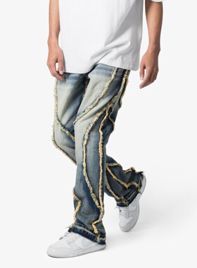 Mnml 蓝色复古四季宽松流行高街潮流拼贴流苏喇叭牛仔裤男新品