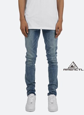 Mnml 水洗蓝色做旧泼墨修身小脚流行四季牛仔裤男款现货FOG风格