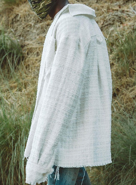 Mnml FOG風格白色流苏加厚冬季宽松毛绒格子休闲村衫男Oversize