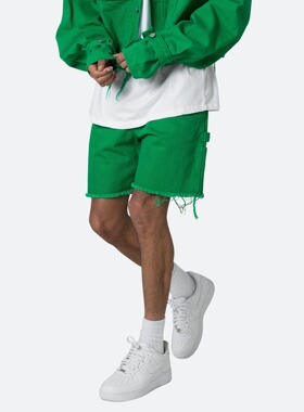 Mnml 水洗绿色高街复古夏季宽松直筒偏短款磨边牛仔短裤男新品