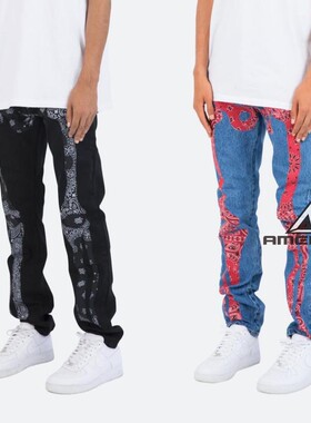 Mnml FOG风格腰果印花骷髅骨拼布直筒宽松无弹性休闲牛仔裤男新品