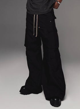 Mnml 黑色尼龙运动工装裤抽绳弹性腰四季特宽休闲裤新品RO风格