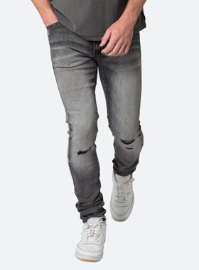 Mnml 水洗深灰色刀割破洞长裤四季弹性修身小脚紧身牛仔裤男新品