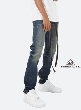 Mnml 深藍色飘带松梆直筒宽松四季休闲牛仔裤男款新品FOG风格