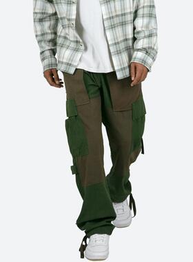 Mnml 拼布做旧綠色多口袋工装裤四季宽松直筒休闲长裤男新品