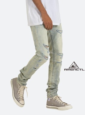 Mnml FOG风格做旧蓝色刀割破洞无拉链百搭修身休闲四季牛仔裤男