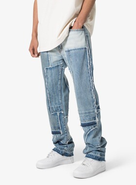 Mnml 蓝色水洗复古四季宽松直脚流行高街拼布阔腿牛仔裤男新品