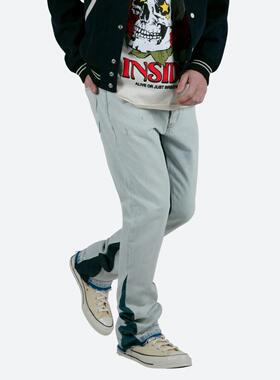 Mnml 淺藍色喇叭牛仔裤男水洗拼布高街潮流四季宽松直筒长裤新品