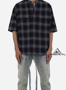 Mnml FOG风格灰色格子宽松圆领套头胸口袋短袖休闲村衫男新品现货