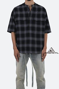 Mnml FOG风格灰色格子宽松圆领套头胸口袋短袖休闲村衫男新品现货