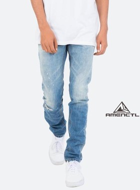 Mnml FOG风格水洗蓝色泼墨刀割破洞修身小脚常规四季休闲牛仔裤男