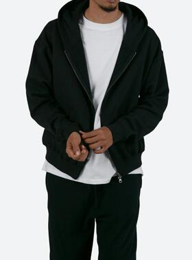 Mnml 黑色加绒开衫帽衫纯棉秋冬季宽松运动拉链休闲卫衣男FOG风格