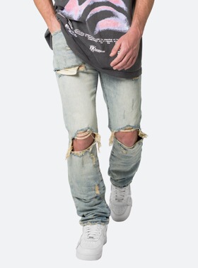 Mnml 做旧蓝色复古水洗四季宽松直筒高街流行破洞牛仔裤男新品