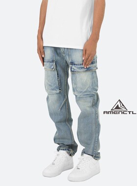 Mnml FOG风格做旧色直筒宽松阔腿四季破洞中腰休闲工装裤牛仔裤男