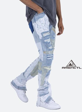 Mnml 蕾丝拼布水洗蓝色直筒牛仔裤男四季FOG风格宽松休闲长裤新品