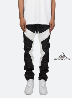 Mnml FOG风格黑白拼色仿皮直筒款宽松四季耐磨休闲牛仔裤男新品