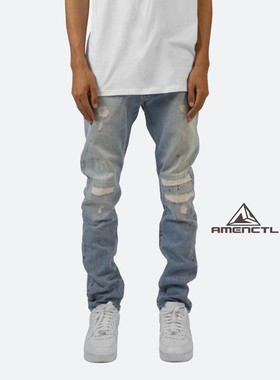 Mnml FOG风格假破洞补丁刀割蓝色四季直筒款无拉链牛仔裤男现货