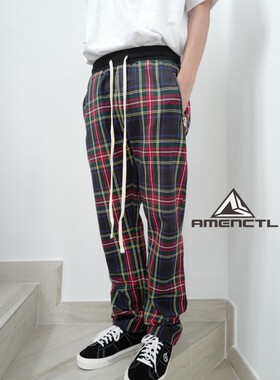 Mnml FOG 風格夏季薄款百搭黑綠色格子直筒寬松休闲裤男現貨