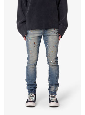 Mnml 蓝色水洗复古蓝弹性修身小脚水晶装饰紧身牛仔裤男新品