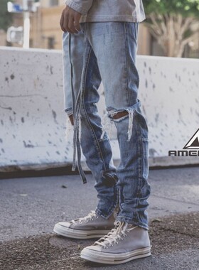 Mnml 蓝色侧拉链飘带松紧腰修身小脚四季破洞牛仔裤男新品FOG风格