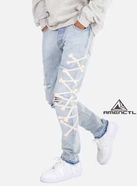 Mnml 蓝色直筒侧边拼皮破洞牛仔裤男四季FOG风格宽松长裤新品