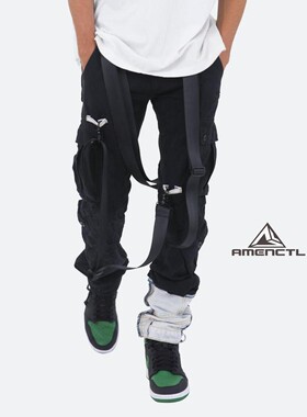 Mnml FOG风格黑色吊帶拼布纯棉四季直筒宽松中腰休闲工装裤男新品