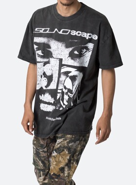 mnml 水洗黑复古做旧印花纯棉宽松圆领高街休闲短袖T恤男新品