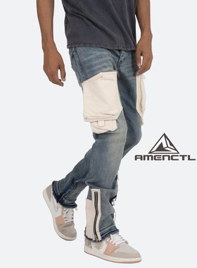 Mnml FOG风格蓝色侧边拼贴口袋拉链直筒宽松四季休闲牛仔裤男新品