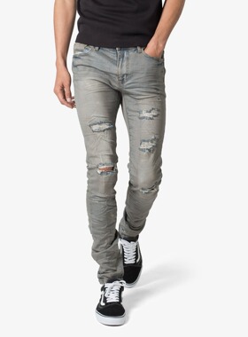 Mnml 涂漆做旧蓝灰色破洞长裤四季弹力修身小脚紧身牛仔裤男新品