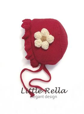 小月龄宝宝秋冬保暖毛线帽 可爱花朵装饰花边针织帽子