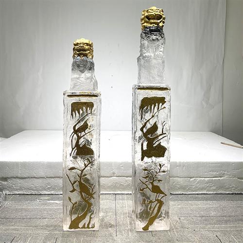 新中式落地透明树脂招财狮子摆件门口玄关书房别墅拴马柱动物雕塑