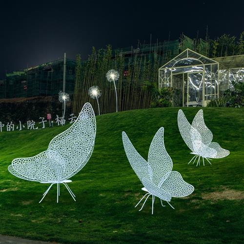 不锈钢镂空蝴蝶雕塑户外公园林草坪铁艺发光仿真镜面景观摆件装饰