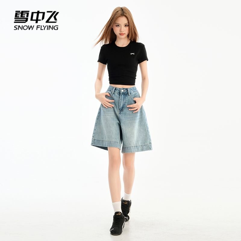雪中飞浅蓝色高腰显瘦五分牛仔短裤女2026夏季新款宽松阔腿直筒裤
