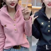 秋冬网红爆款 保暖卫衣简约百搭上衣 女款 长袖 休闲高领纽扣设计时尚