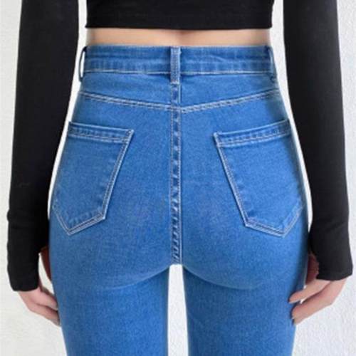 男女可穿深蓝色牛仔裤女九分紧身小脚中腰显瘦弹力百搭修身羊绒衫