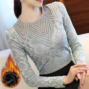 春秋季蕾丝打底衫女长袖镂空韩版圆领修身显瘦冬天保暖网纱上衣潮