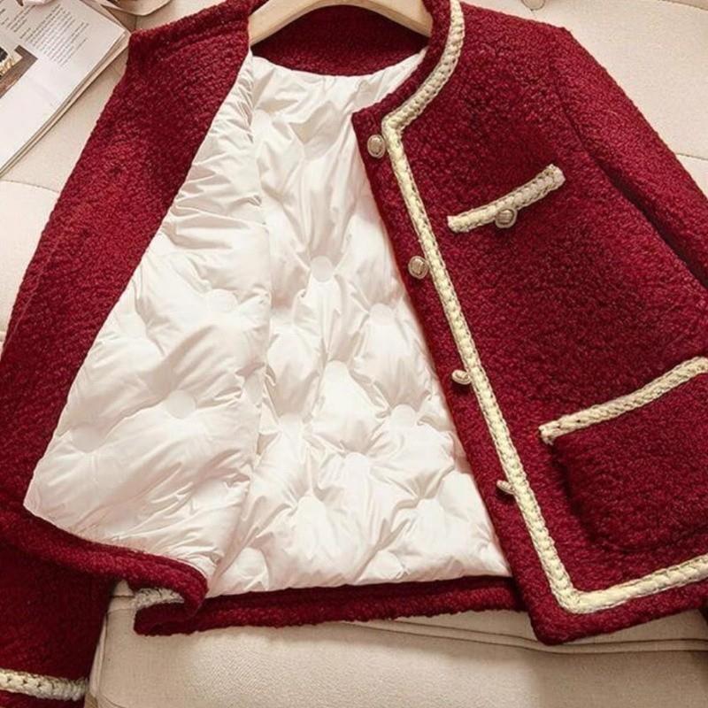 气质名媛红色外套秋冬女新款轻奢夹棉加厚夹克新年圣诞小个子上衣