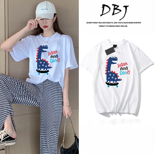 Spring and summer retro Hong Kong Fashion dinosaur letter printing short sleeve small loose T-shirt women's shop