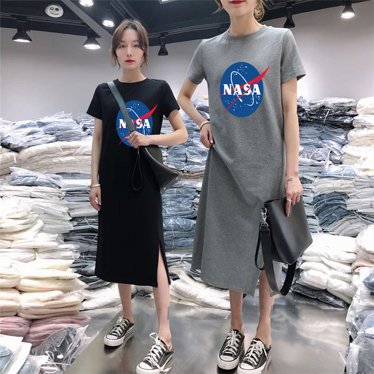 Summer short sleeve dress women's fashion casual belly covering large medium length over knee T-shirt skirt