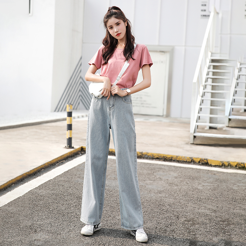 Real time photo of the same jeans of Sanya women's high waist straight bottom trousers with wide legs and loose body