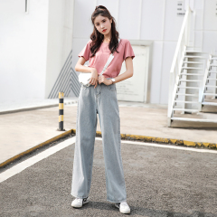 Real time photo of the same jeans of Sanya women's high waist straight bottom trousers with wide legs and loose body