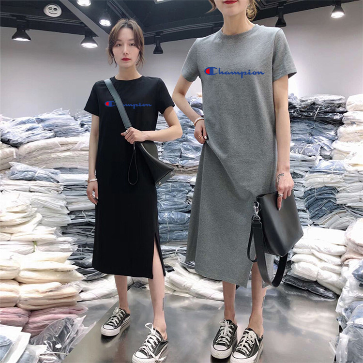 Summer short sleeve dress women's fashion casual belly covering large medium length over knee T-shirt skirt